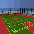 Spacious Basketball Court with Green Surface Red Areas Yellow Lines and Bleachers