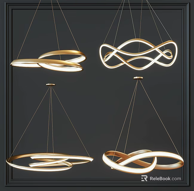 Modern Golden Metal Chandeliers With Curved Circular Ring Designs For Contemporary Decor 3d model 