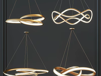 Modern Golden Metal Chandeliers With Curved Circular Ring Designs For Contemporary Decor 3d model