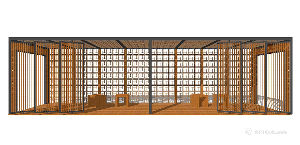 Wooden Pergola Structure With Intricate Lattice Design And Wooden Flooring Seating 3d model 