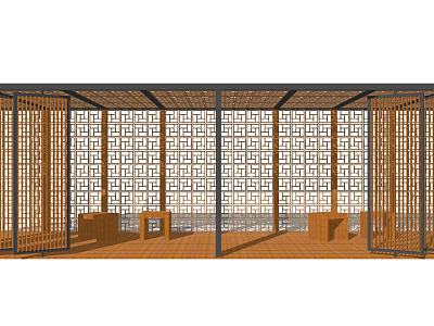 Wooden Pergola Structure With Intricate Lattice Design And Wooden Flooring Seating 3d model