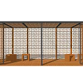 Wooden Pergola Structure With Intricate Lattice Design And Wooden Flooring Seating