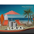 Beach Photo Spot With Orange Umbrella Deck Chairs Surfboards Palm Tree And Ocean