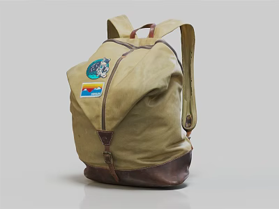 Tan Canvas Backpack With Leather Accents Colorful Patch And Zipper Closure 3d model