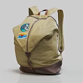 Tan Canvas Backpack With Leather Accents Colorful Patch And Zipper Closure