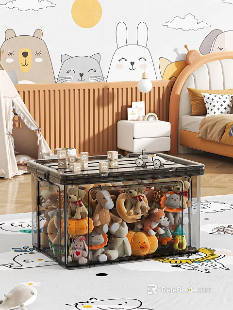 Transparent Storage Box In Kids Room Holding Stuffed Toys With Building Blocks And Toy Car 3d model 