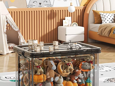 Transparent Storage Box In Kids Room Holding Stuffed Toys With Building Blocks And Toy Car 3d model