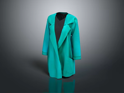 Turquoise Long Coat with Black Inner Top Minimalist Design Lapel Collar and Pockets 3d model