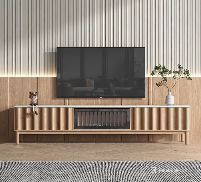 Modern Wooden TV Stand With Striped Design Large Screen TV White Vase And Green Plant 3d model 