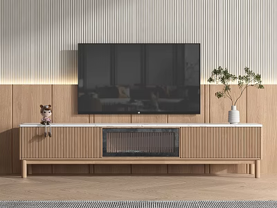 Modern Wooden TV Stand With Striped Design Large Screen TV White Vase And Green Plant 3d model