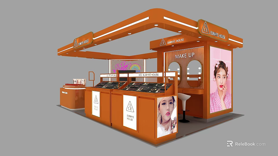 Orange Makeup Store Interior With Display Counters Makeup Products And Model Posters 3d model