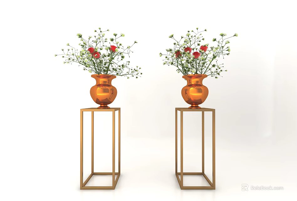 Two Copper Vases With Red Flowers And Green Foliage On Golden Stands 3d model 