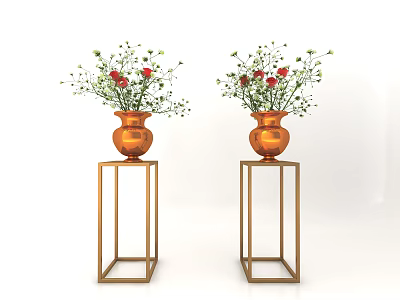 Two Copper Vases With Red Flowers And Green Foliage On Golden Stands 3d model