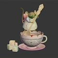 Adorable Decorative Mouse Standing On Ceramic Teacup Holding Biscuit And Sugar Cubes