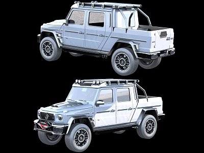 Two Silver Off Road Pickup Trucks With Roof Rack Black Wheels And Sturdy Exterior Design 3d model