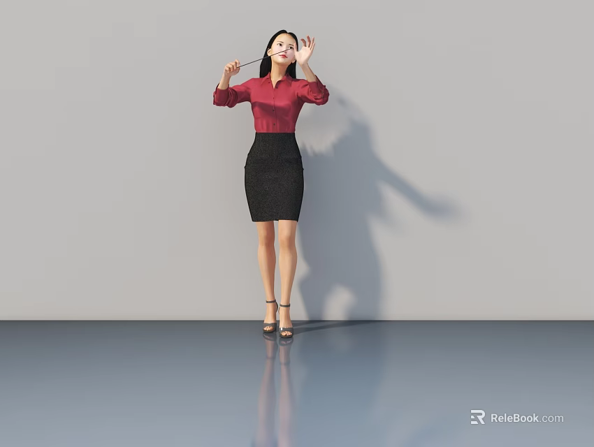 Woman in red top and black skirt raising hands on smooth floor with grey background 3d model 