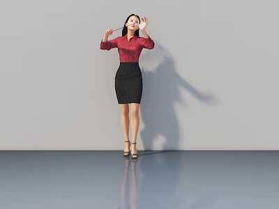 Woman in red top and black skirt raising hands on smooth floor with grey background 3d model