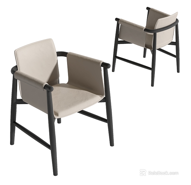 Modern Dining Chairs With Armrests Upholstered Beige Seat And Black Wooden Frame 3d model 