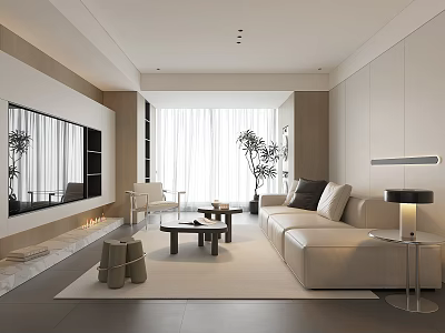 Modern Living Room With Beige Sofa Coffee Table Large Windows White Curtains And Potted Plant 3d model