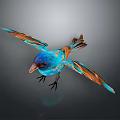 Vibrant Flying Bird With Blue Head Orange And Blue Feathers On Wings Against Gray Background