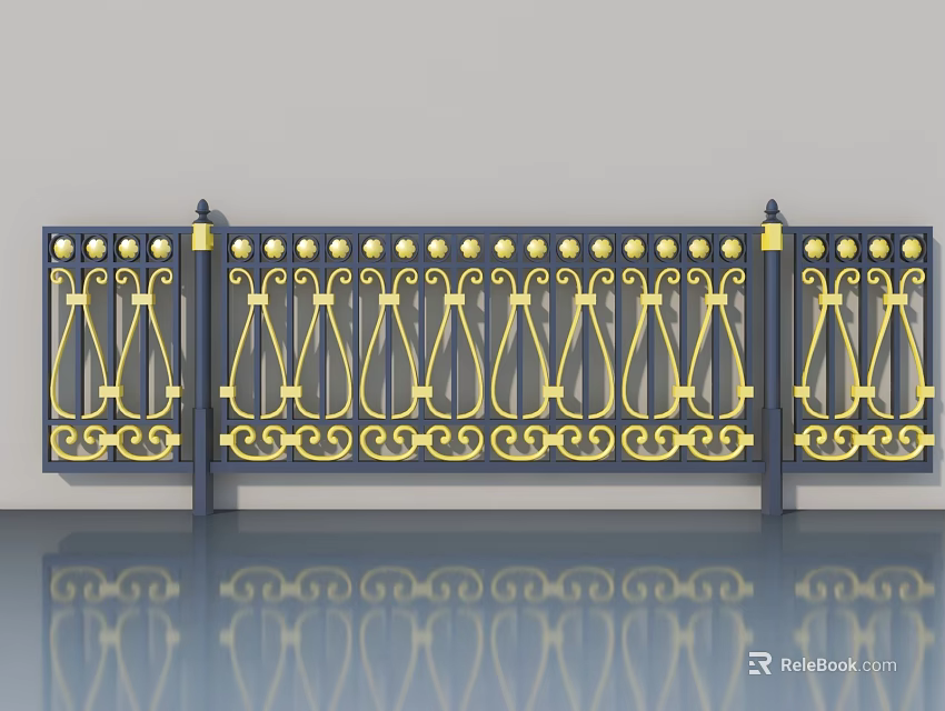 Classic Style Hinged Door With Black Frame And Intricate Golden Decorative Patterns 3d model 