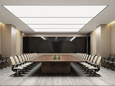 Modern Conference Room Interior With Long Wooden Table White Chairs And Modern Ceiling Design 3d model