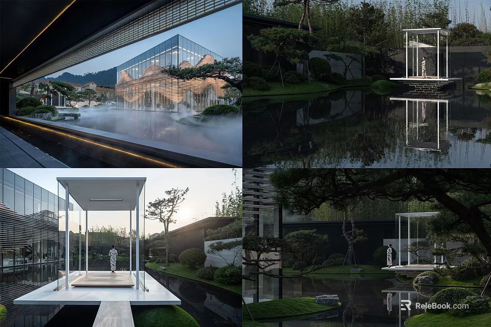 Modern Garden Landscape Design With Water Reflection Stone Paths And Lush Greenery 3d model 