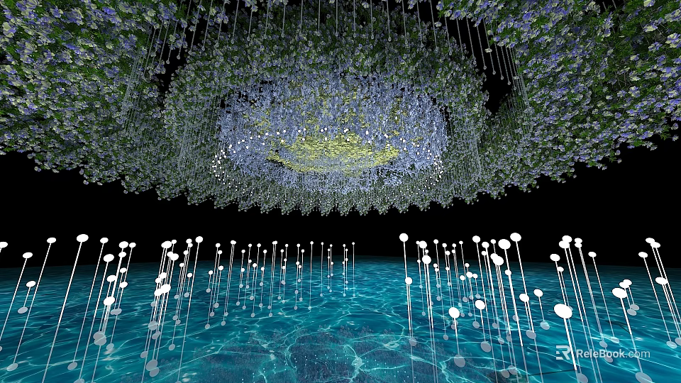 Hanging Colorful Flowers And Green Plants Over Calm Water With White Decorative Lights 3d model 