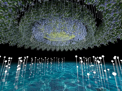 Hanging Colorful Flowers And Green Plants Over Calm Water With White Decorative Lights 3d model