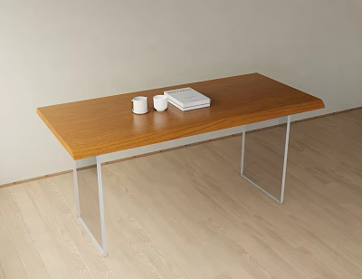 Modern Wooden Desk With Metal Legs Featuring White Cups And Books On Tabletop 3d model