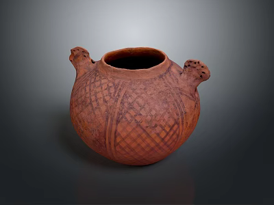Traditional Terracotta Clay Pot With Grid Pattern Surface And Decorative Handles 3d model