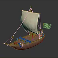 Detailed Wooden Pirate Ship Model With White Sail Jolly Roger Flag And Cannons