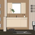 Light colored Modern Bathroom Cabinet With Striped Mirror And Wooden Wall Decor