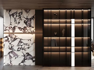 Modern Luxury Decorative Cabinet With Black Cabinet Glass Shelves Integrated Lights And Marble Backdrop 3d model