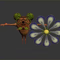 Cartoon Game Movie Character With Green Ear Like Features Glasses Mustache And Blue White Flower