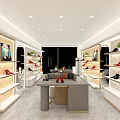 Modern Tang Chen Shoe Store With Wooden Shelves Red Black Shoes And Green Plants