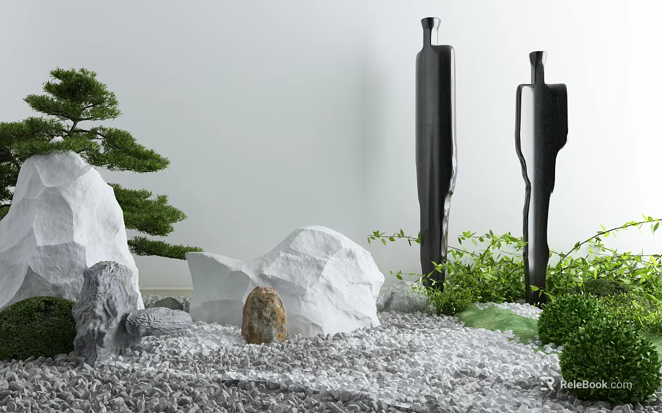 Zen Garden Ornament with White Stones Pine Tree Black Sculptures and Green Plants 3d model 