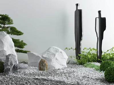 Zen Garden Ornament with White Stones Pine Tree Black Sculptures and Green Plants 3d model