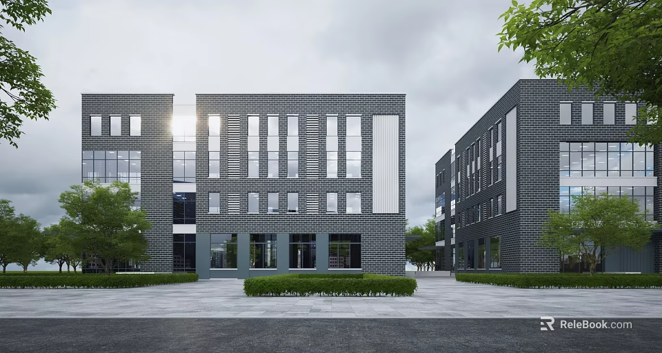 Modern Office Building With Gray Brick Exterior Numerous Windows Symmetrical Design Lawn And Trees 3d model 
