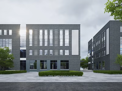 Modern Office Building With Gray Brick Exterior Numerous Windows Symmetrical Design Lawn And Trees 3d model
