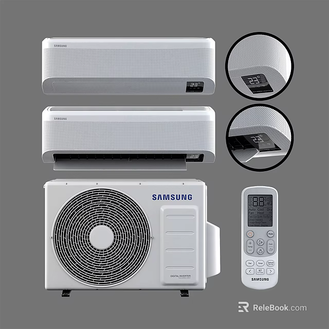 Samsung Air Conditioner Fan With Indoor Outdoor Units Remote Control And Temperature 3d model 
