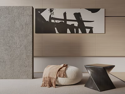 White Round Leisure Chair With Blanket Side Table And Abstract Painting In Wooden Wall Background 3d model