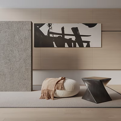 White Round Leisure Chair With Blanket Side Table And Abstract Painting In Wooden Wall Background 3d model