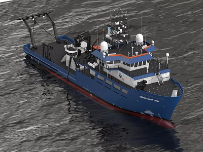 Blue Marine Vessel With Multiple Antennas And Navigation Systems On Open Water 3d model