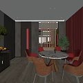 Modern Restaurant Interior With Red Wall Round Table Gray Chairs And Decorative Plates 3d model
