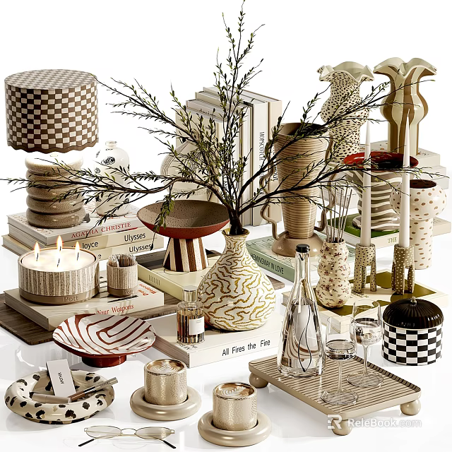 Stylish Modern Decorative Ornament Collection With Ceramic Vases Plant Branches Candles And Books 3d model 