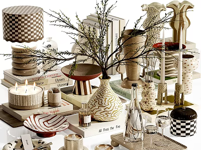 Stylish Modern Decorative Ornament Collection With Ceramic Vases Plant Branches Candles And Books 3d model
