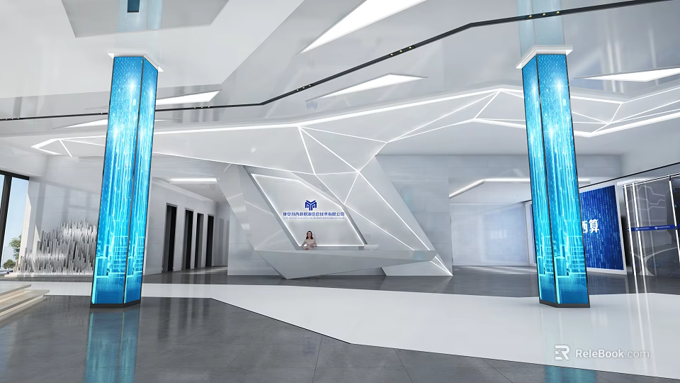 Modern Exhibition Hall Interior With Blue Pillars And Geometric Ceiling Design 3d model 