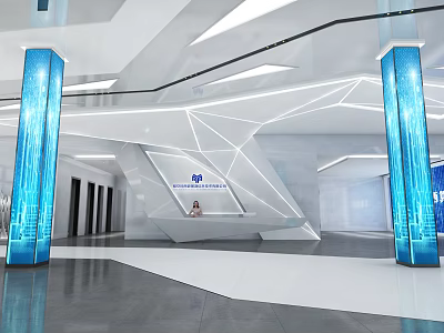 Modern Exhibition Hall Interior With Blue Pillars And Geometric Ceiling Design 3d model