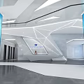 Modern Exhibition Hall Interior With Blue Pillars And Geometric Ceiling Design 3d model